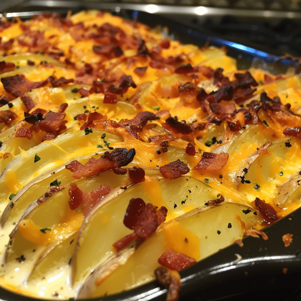 How to make Creamy Bacon Cheddar Potato Bake with Garlic Crunch — key cooking step