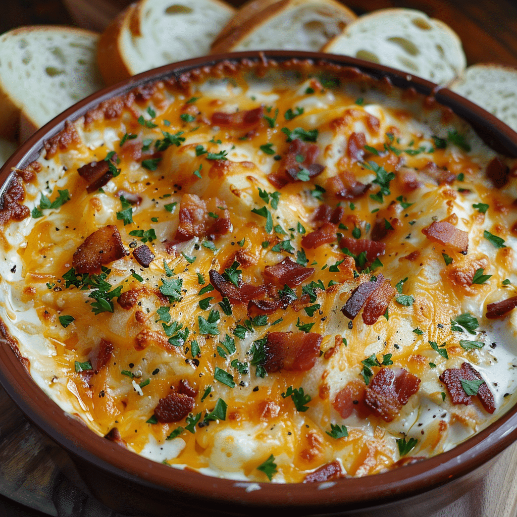 How to make Creamy Four-Cheese Bacon Dip with Garlic Bread — key cooking step