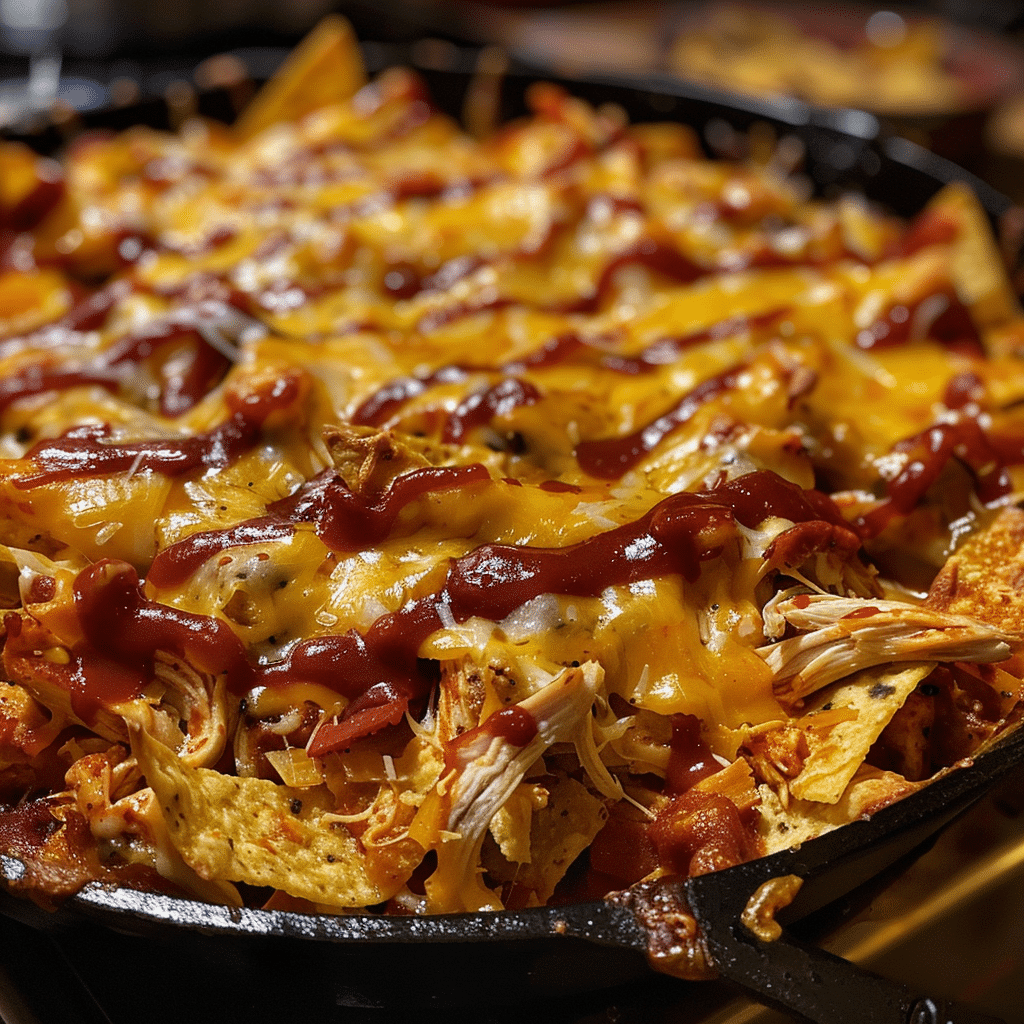 Delicious Ghost Pepper BBQ Chicken Nacho Bake ready to serve, showcasing melted cheese and toppings.