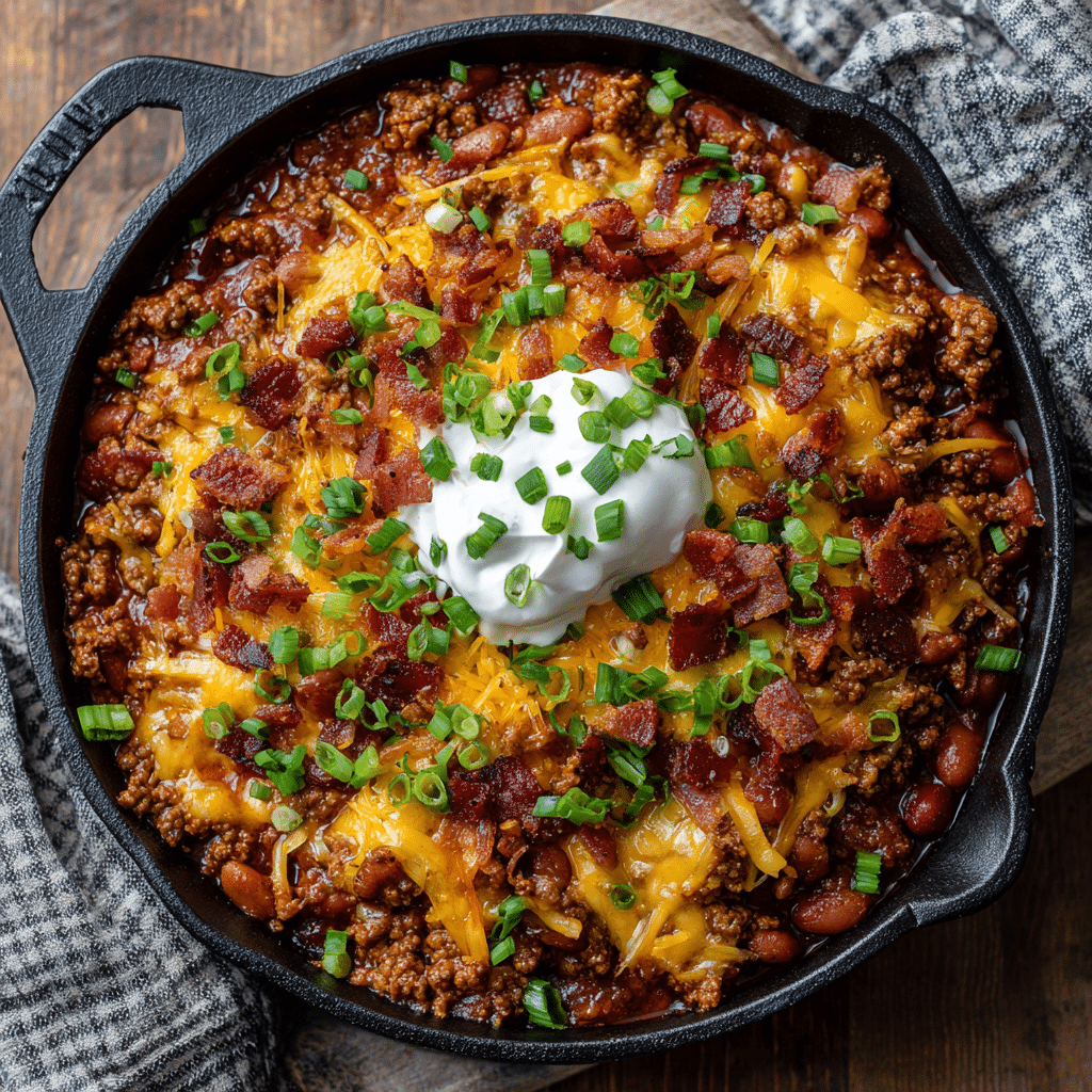 Loaded Bacon & Cheddar Chili Skillet Bake — restaurant-quality recipe photo