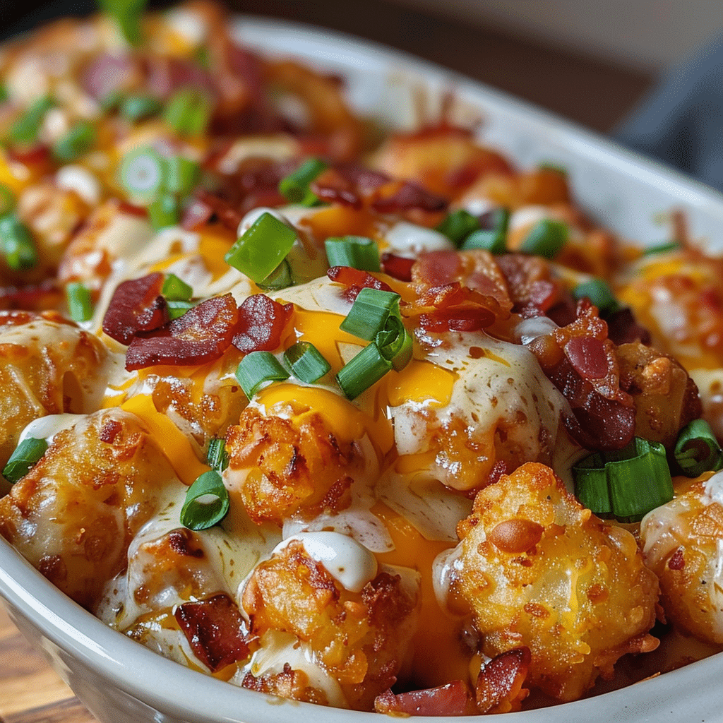Delicious Loaded Bacon Ranch Tater Tot Casserole served hot