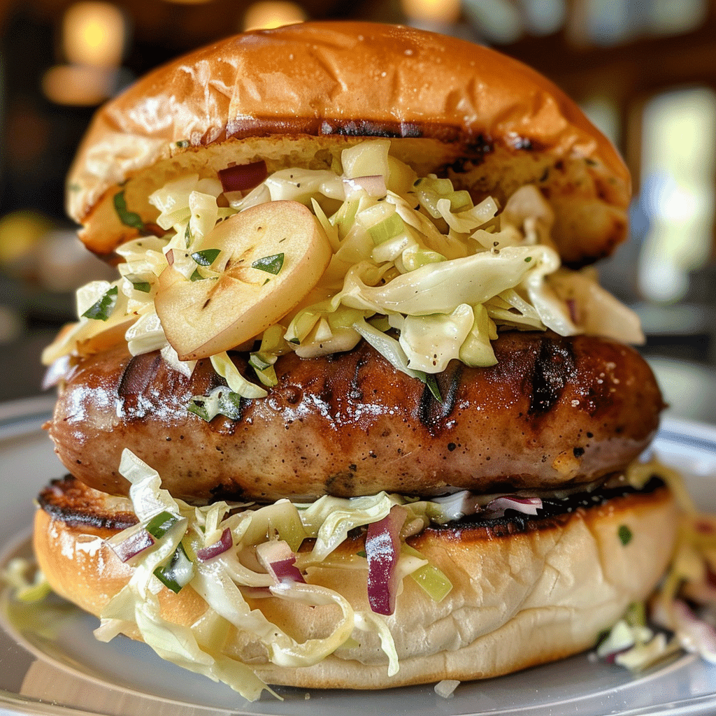 Loaded Oktoberfest Bratwurst Burger with Apple Slaw — restaurant-quality recipe photo