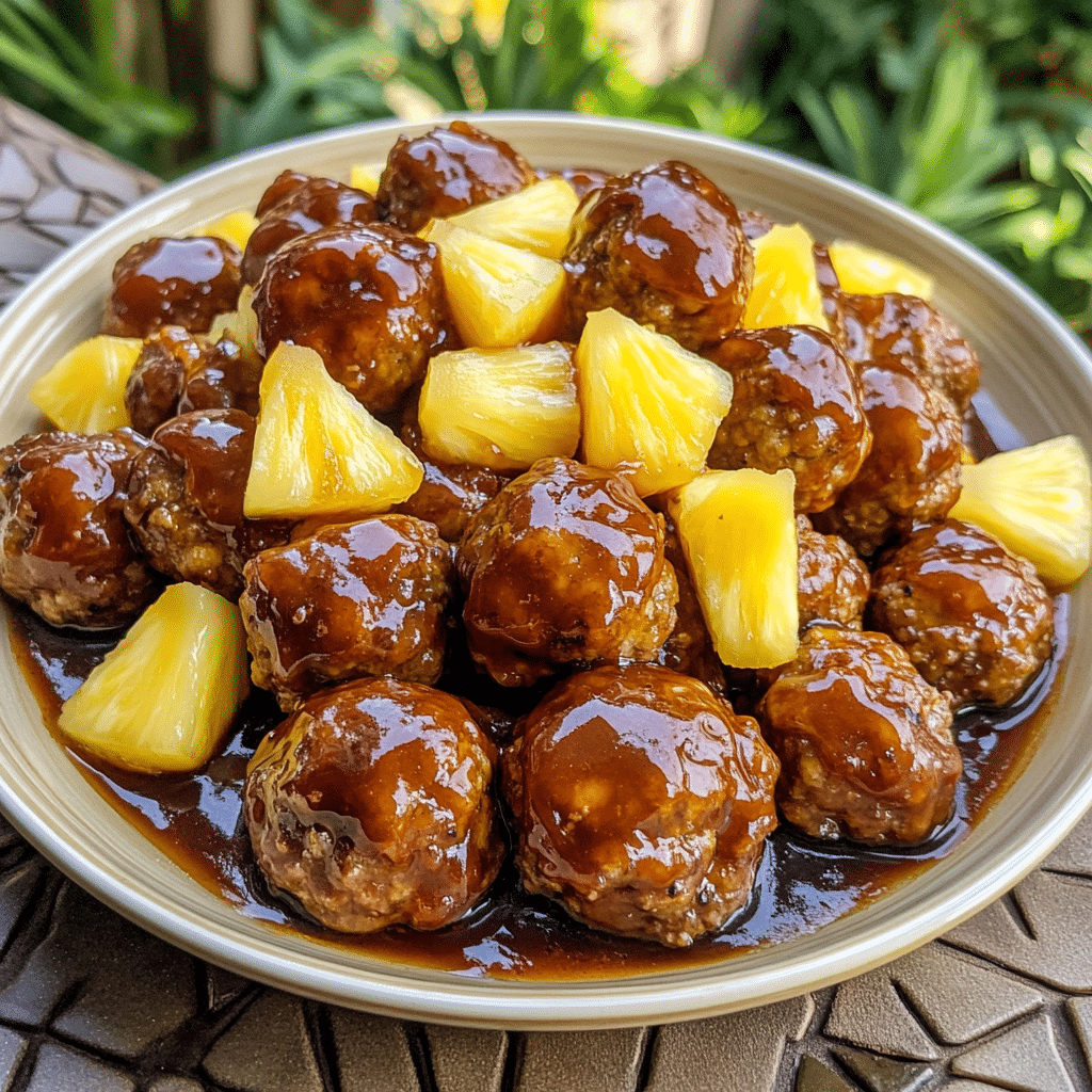 Bourbon BBQ Glazed Meatballs with Sweet Pineapple Chunks — restaurant-quality recipe photo