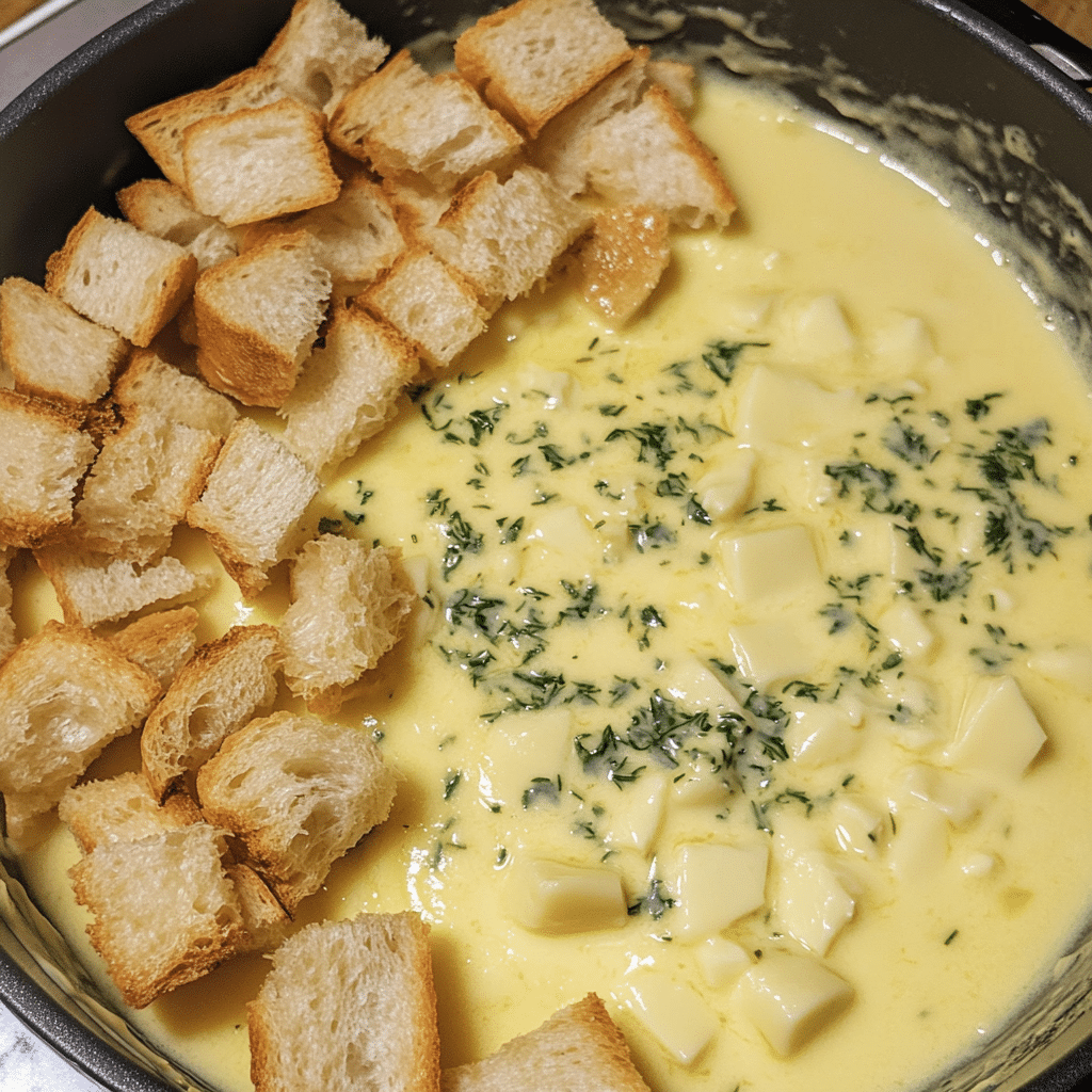 cheesy garlic herb fondue with crusty bread dippers step