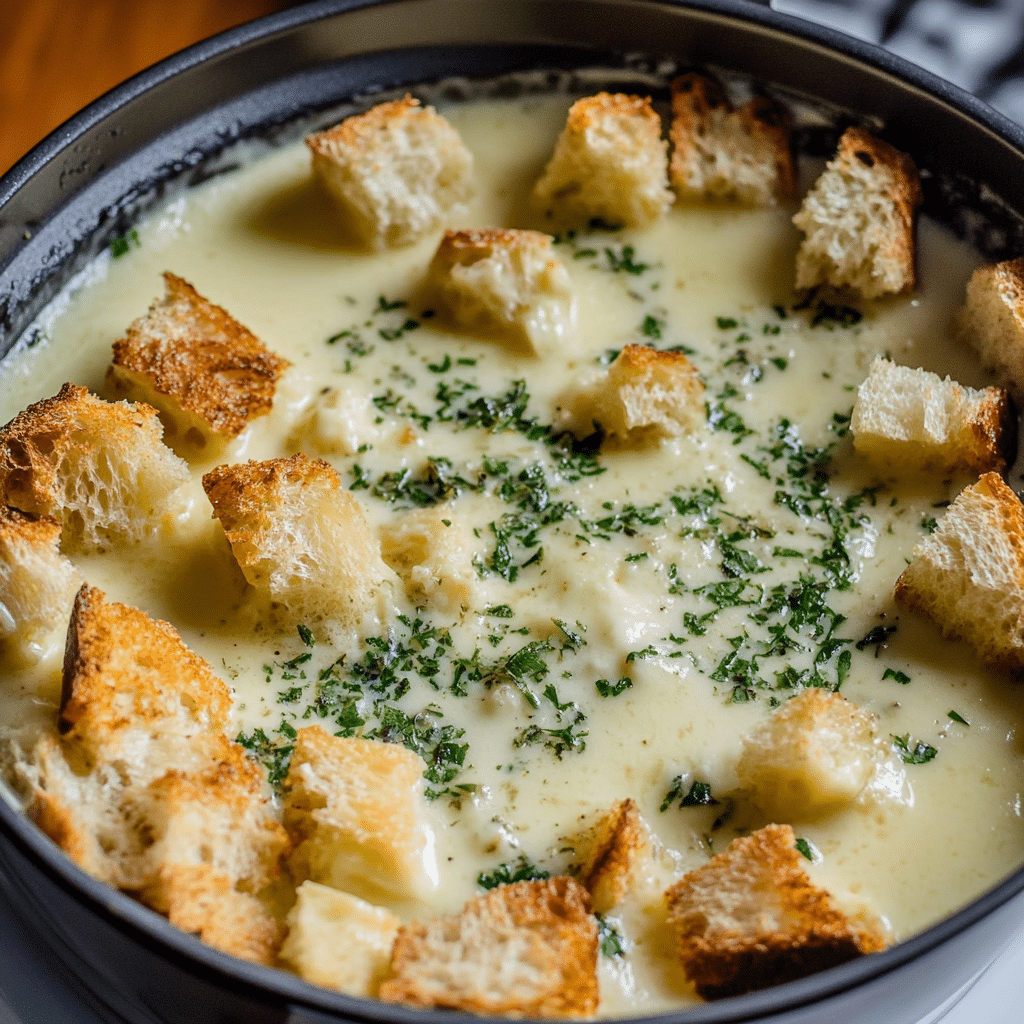 cheesy garlic herb fondue with crusty bread dippers