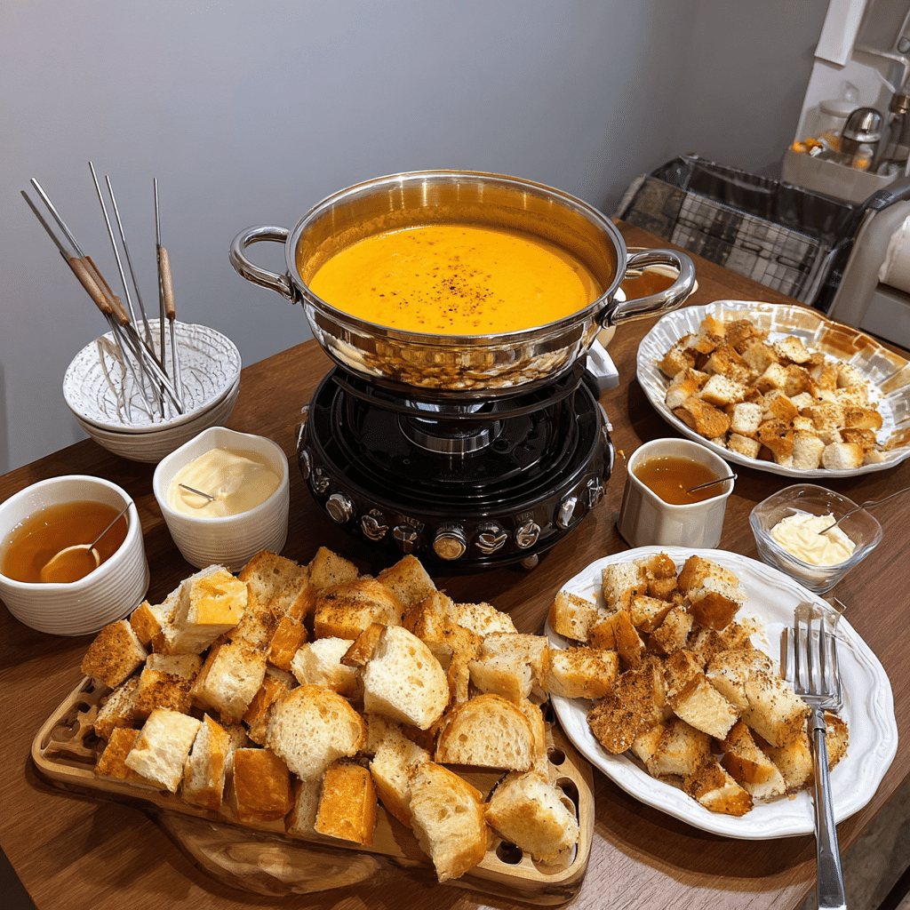 How to make Cheesy Pumpkin Spice Fondue with Savory Bread Dippers — key cooking step