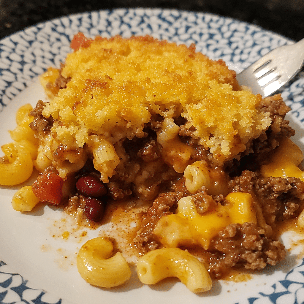 How to make Cozy Chili Mac Casserole with Cheesy Cornbread Topping — key cooking step