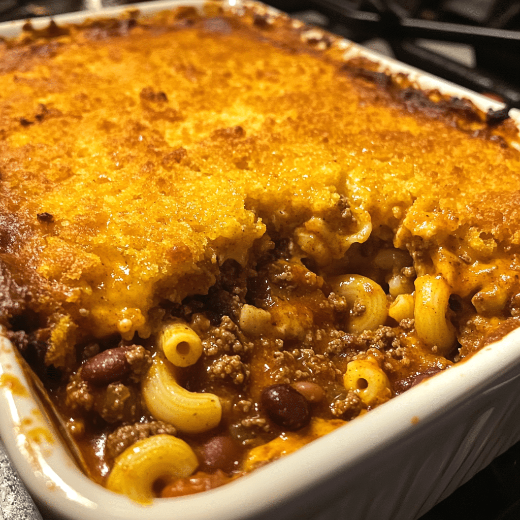 Cozy Chili Mac Casserole with Cheesy Cornbread Topping — restaurant-quality recipe photo