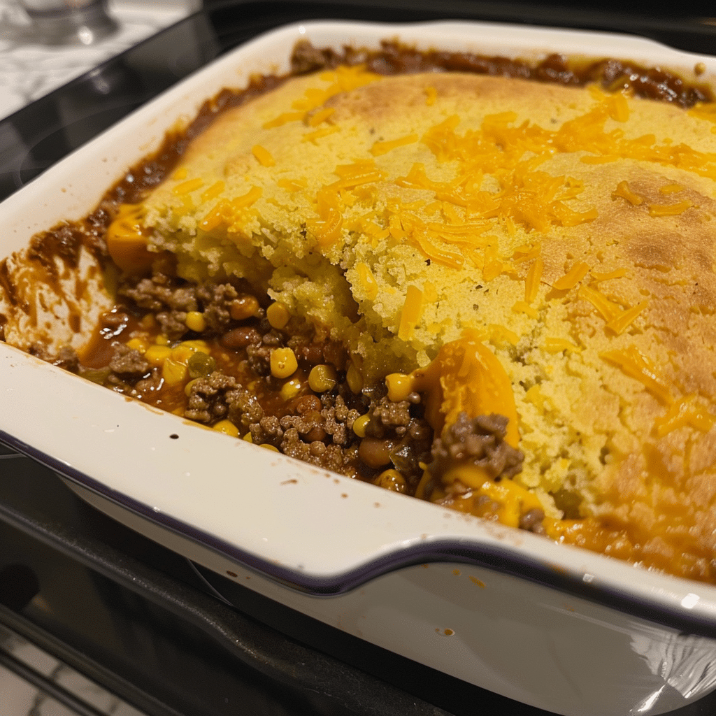 How to make Creamy Chili Cheese Casserole with Savory Cornbread Topping — key cooking step