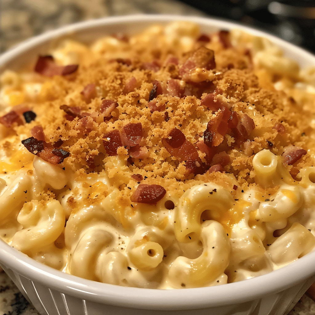 How to make Creamy Garlic Mac and Cheese with Crispy Bacon Crumble — key cooking step
