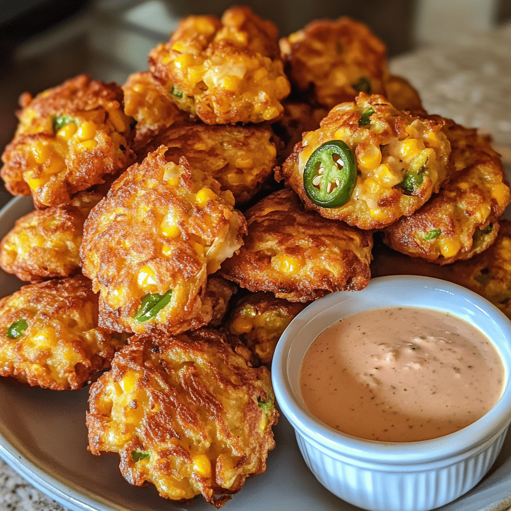 How to make Crispy Cheddar Jalapeño Corn Fritters with Spicy Dipping Sauce — key cooking step