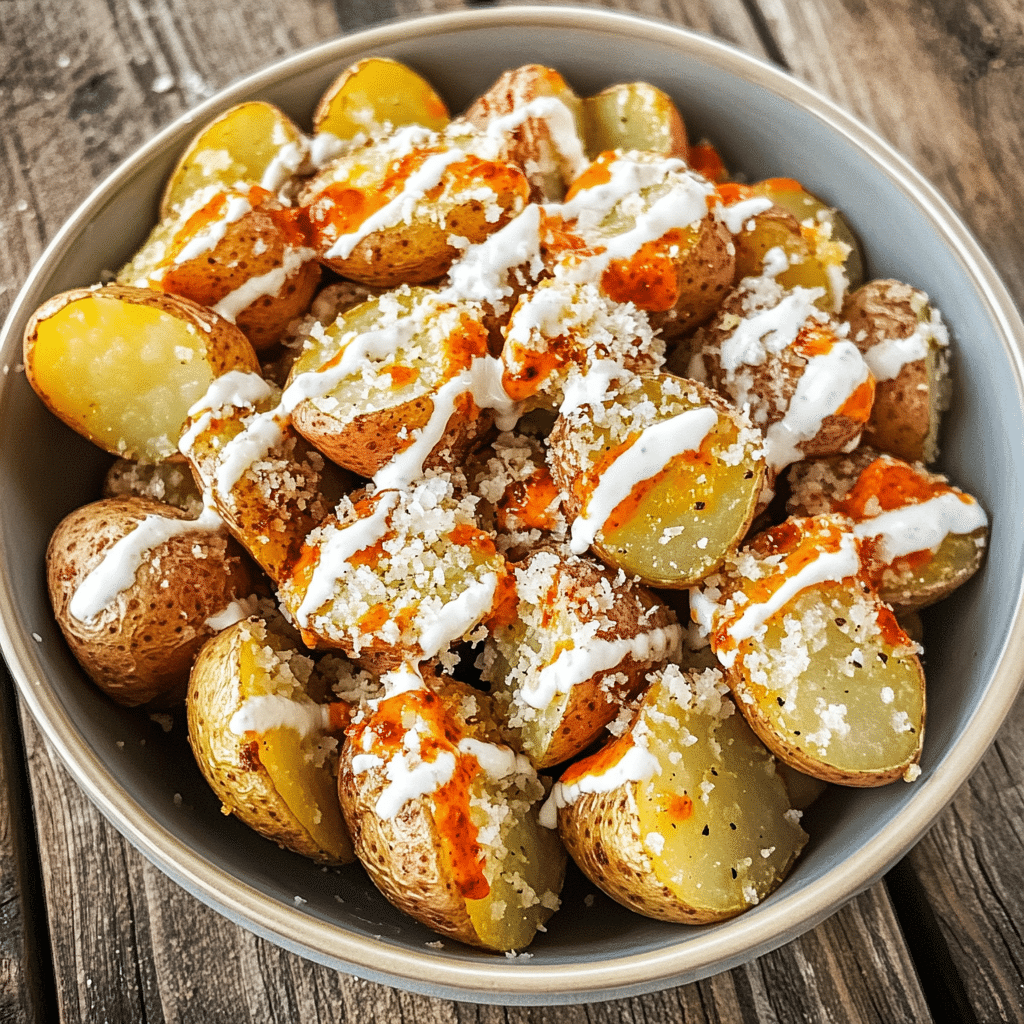 How to make Crispy Garlic Parmesan Potato Bites with Spicy Ranch Drizzle — key cooking step