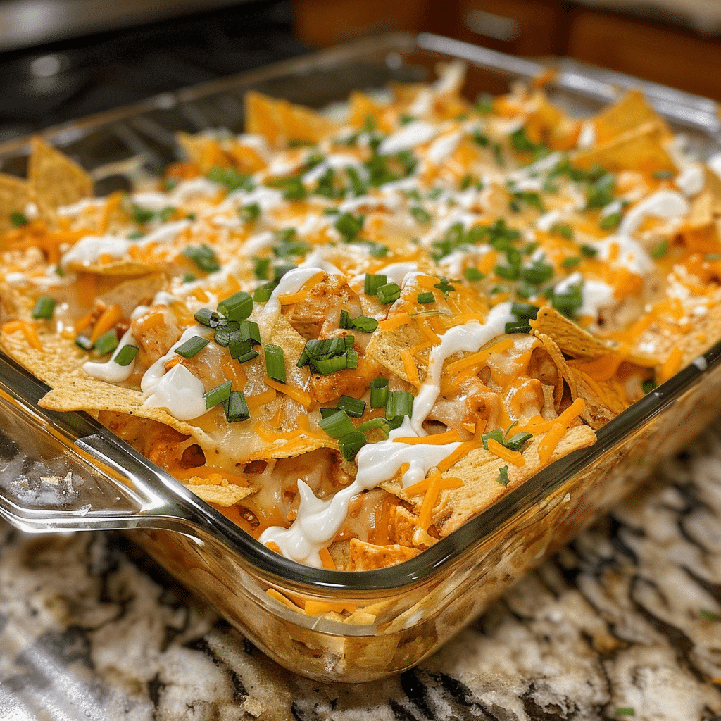 How to make Fiery Buffalo Chicken Nacho Bake with Creamy Drizzle — key cooking step