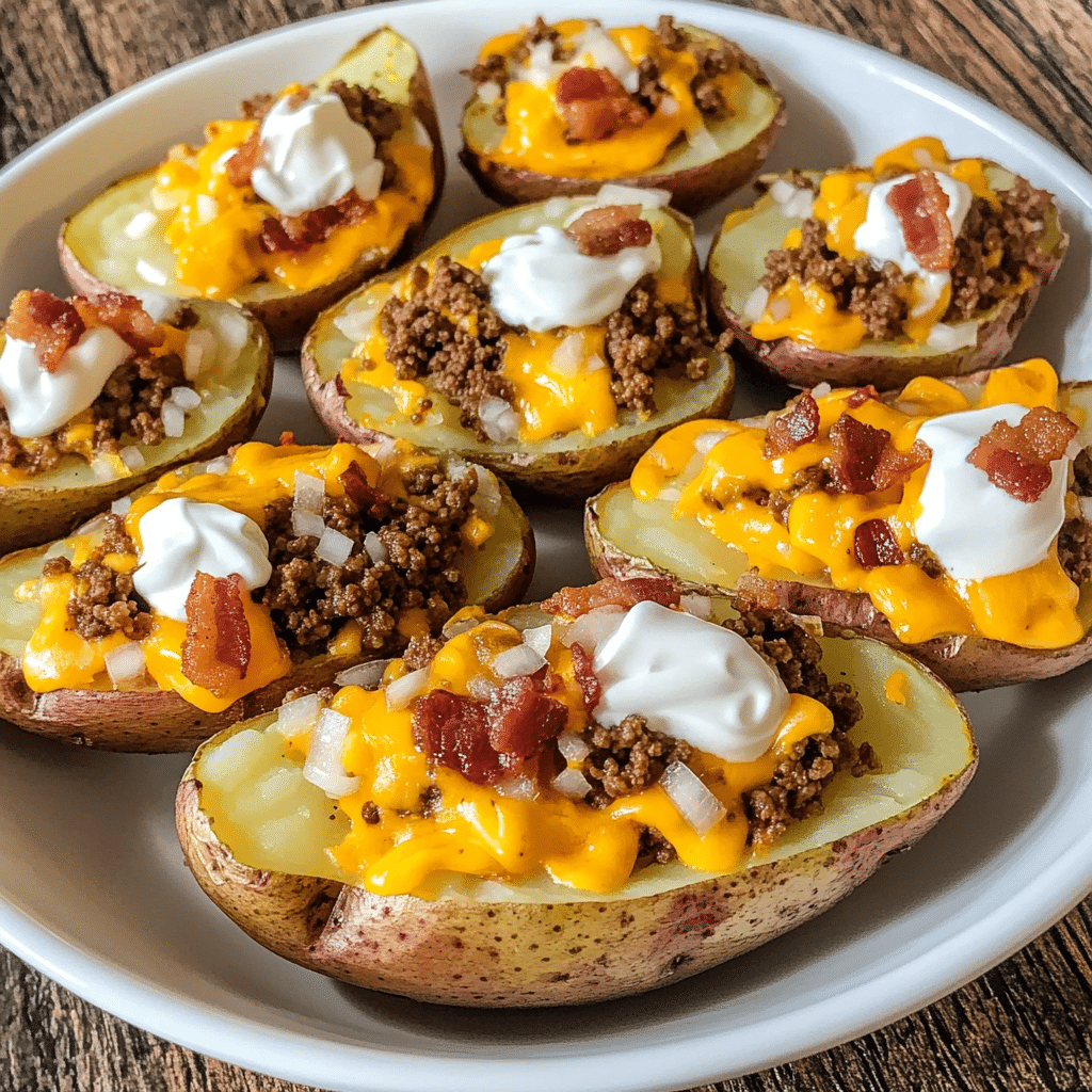 Loaded Cheeseburger Potato Skins for New Year’s Eve Parties — restaurant-quality recipe photo