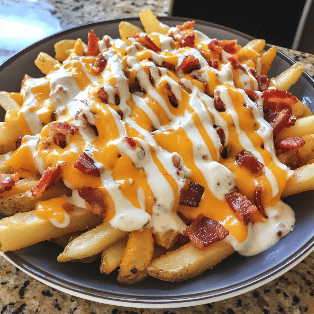 How to make Loaded Cheesy Bacon Fries with Spicy Ranch Drizzle — key cooking step