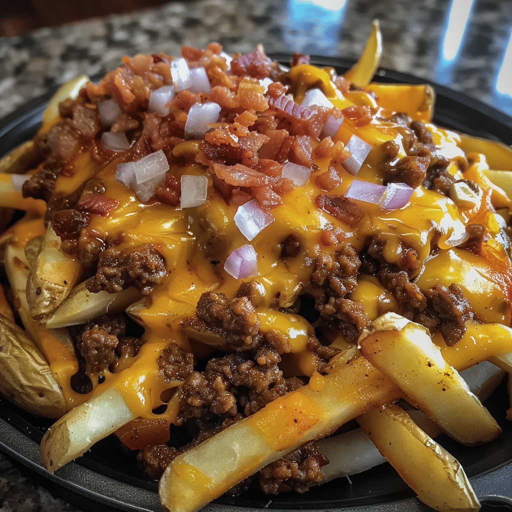 How to make Loaded Chili Cheese Fries with Bacon Crumbles — key cooking step