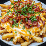loaded maple bacon cheese fries with spicy ranch drizzle