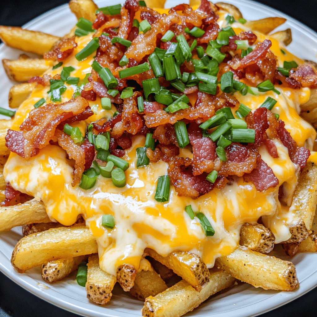 loaded maple bacon cheese fries with spicy ranch drizzle
