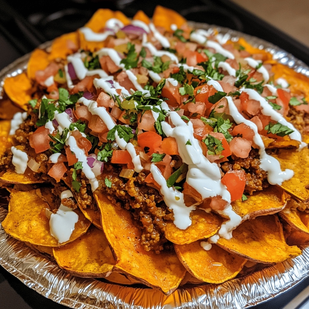 How to make Loaded Sweet Potato Nachos with Chili and Cheese Drizzle — key cooking step