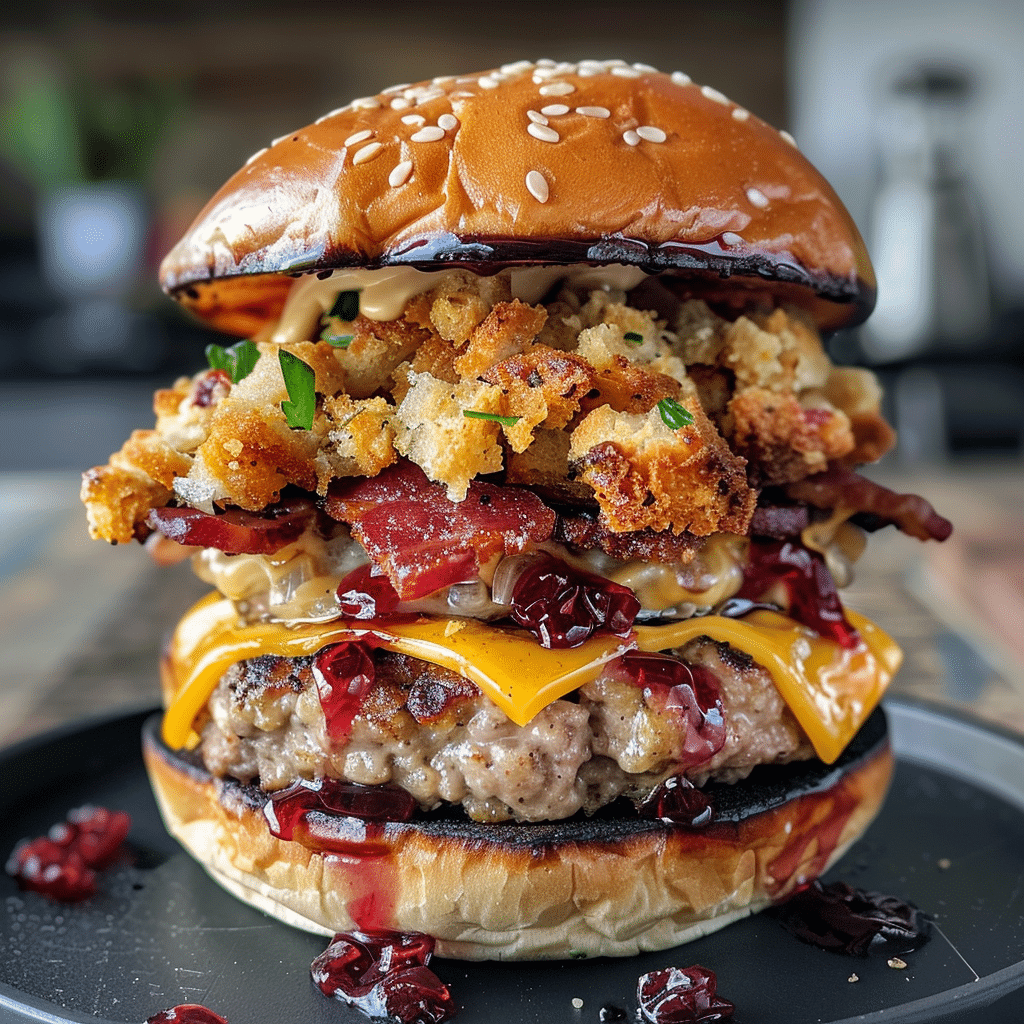 Loaded Thanksgiving Stuffed Burger with Cranberry Drizzle — restaurant-quality recipe photo