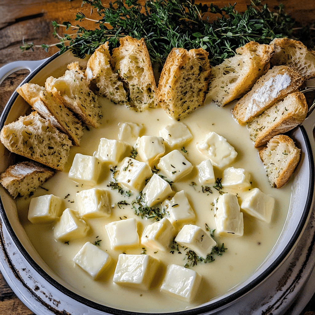 How to make Melty Three-Cheese Fondue with Herb Dippers — key cooking step