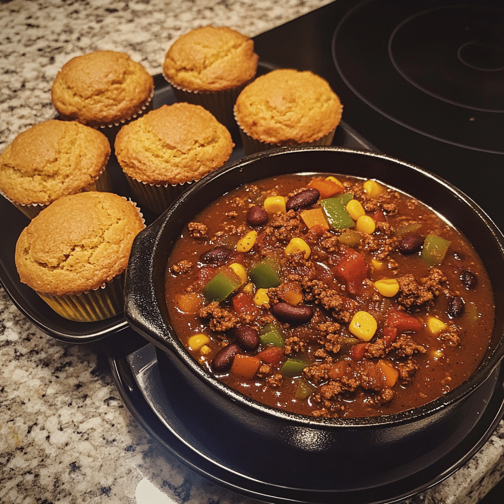 How to make Smoky Beef Chili with Spiced Cornbread Muffins — key cooking step