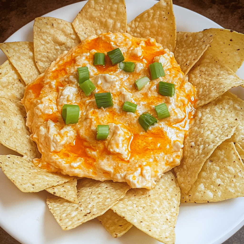 How to make Spicy Buffalo Chicken Dip with Crispy Tortilla Chips — key cooking step