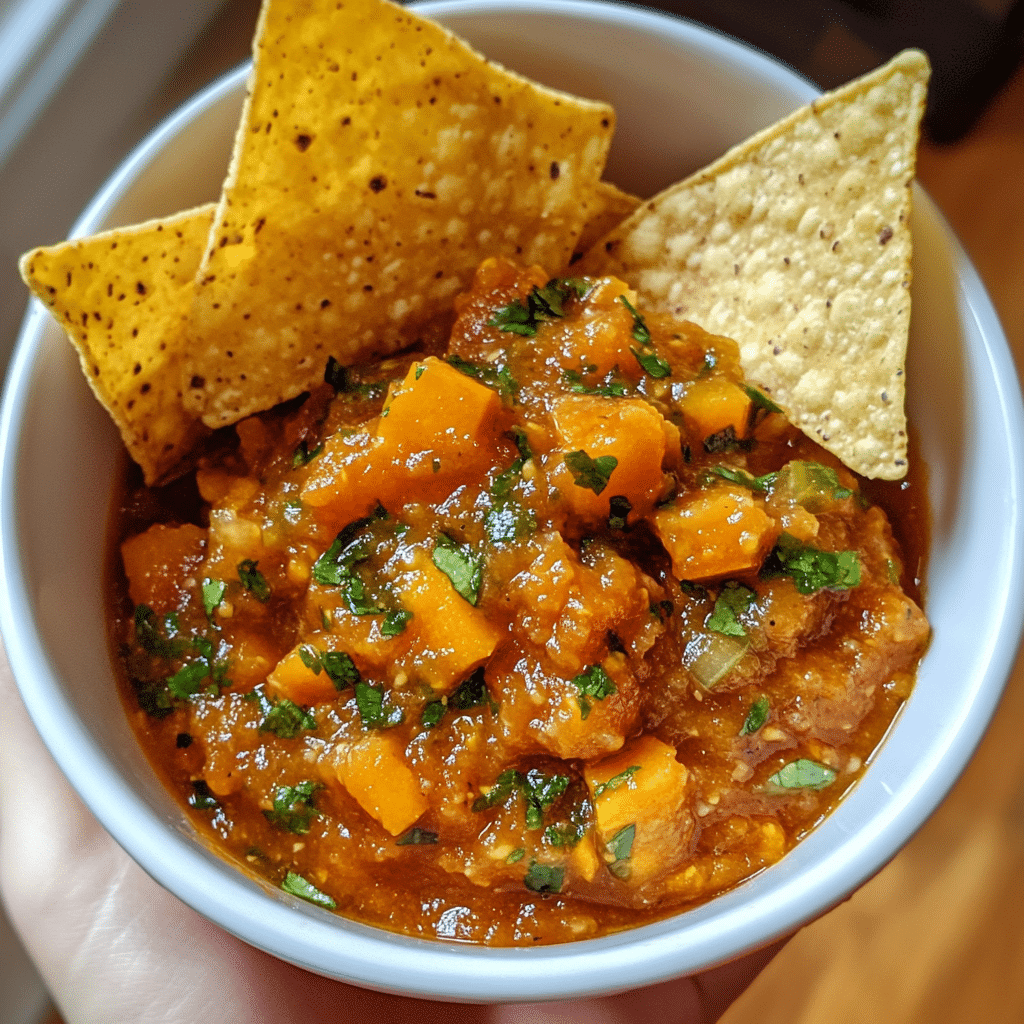 How to make Sweet and Spicy Chipotle Pumpkin Salsa with Tortilla Chips — key cooking step