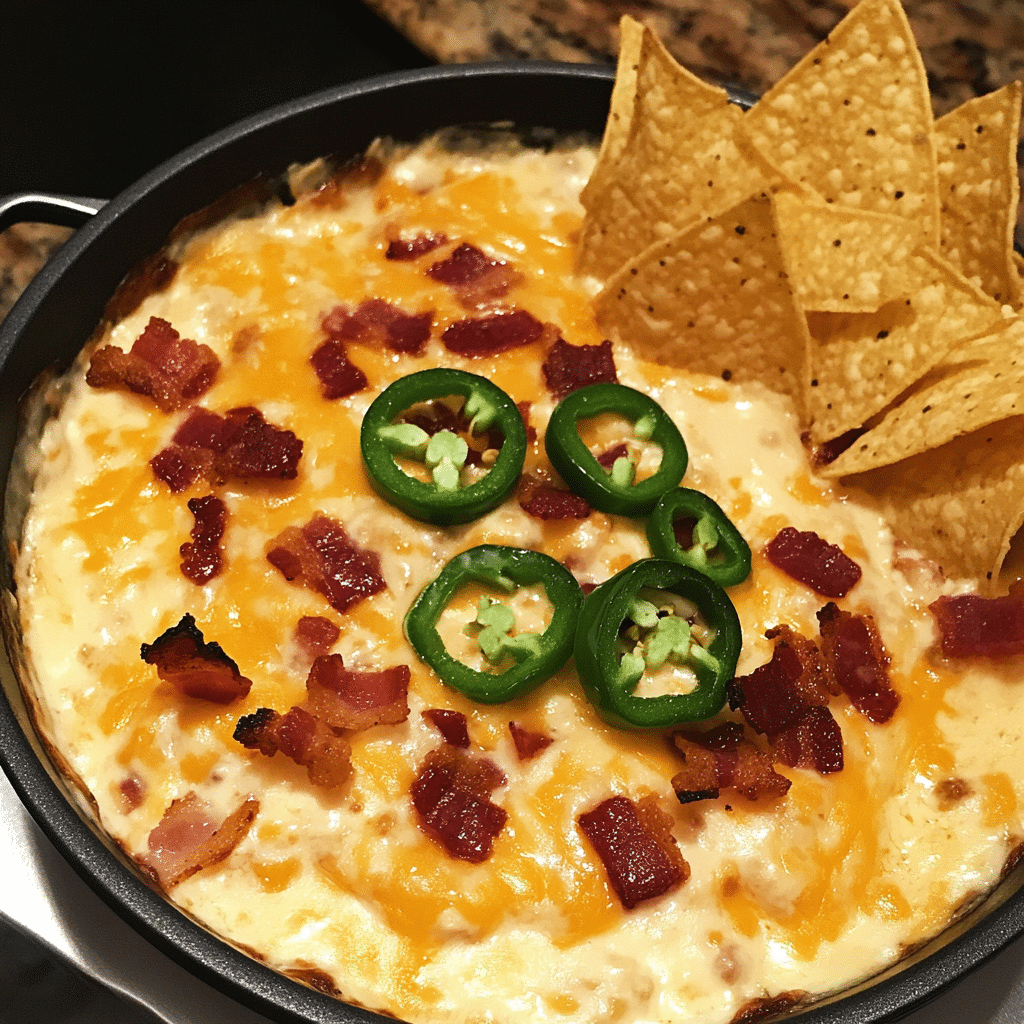 How to make Three-Cheese Bacon Queso Dip with Spicy Tortilla Chips — key cooking step