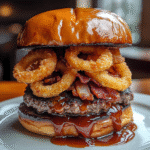 Bourbon BBQ Bacon Smash Burger with Crispy Onion Rings — restaurant-quality recipe photo