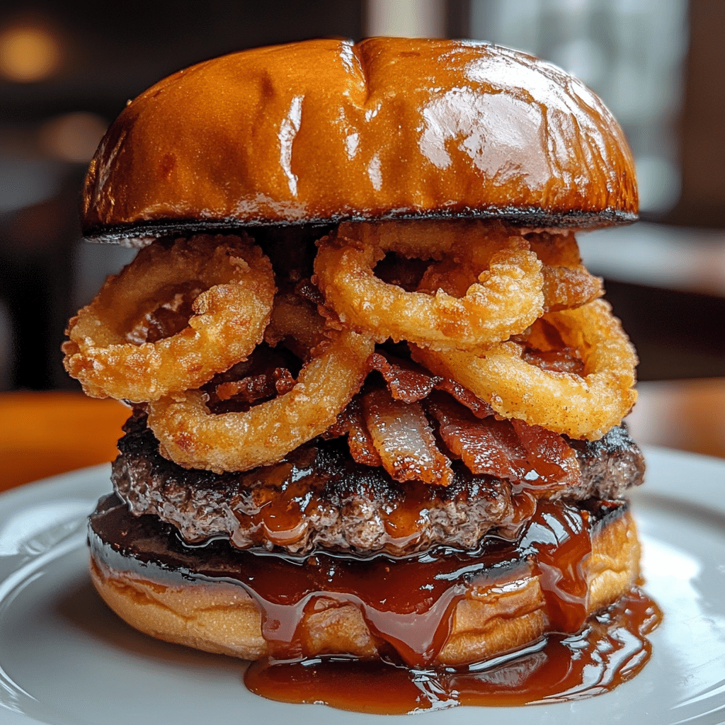 Bourbon BBQ Bacon Smash Burger with Crispy Onion Rings — restaurant-quality recipe photo