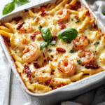 How to make Creamy Tuscan Shrimp Pasta Bake — key cooking step