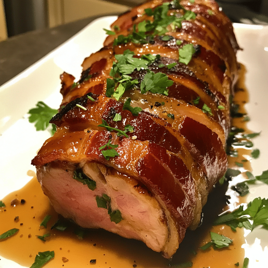 How to make Maple Glazed Bacon-Wrapped Pork Tenderloin — key cooking step