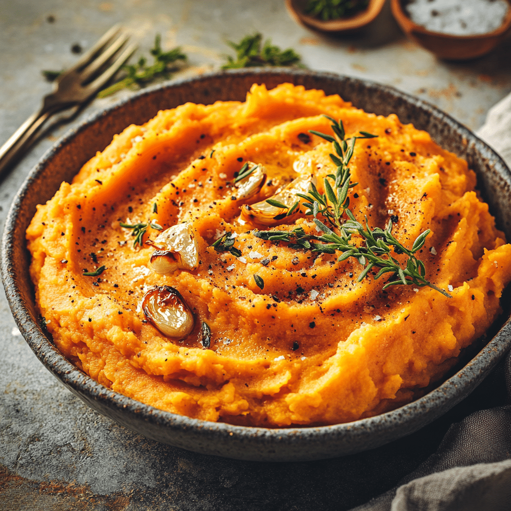 Roasted Garlic Mashed Sweet Potatoes — restaurant-quality recipe photo
