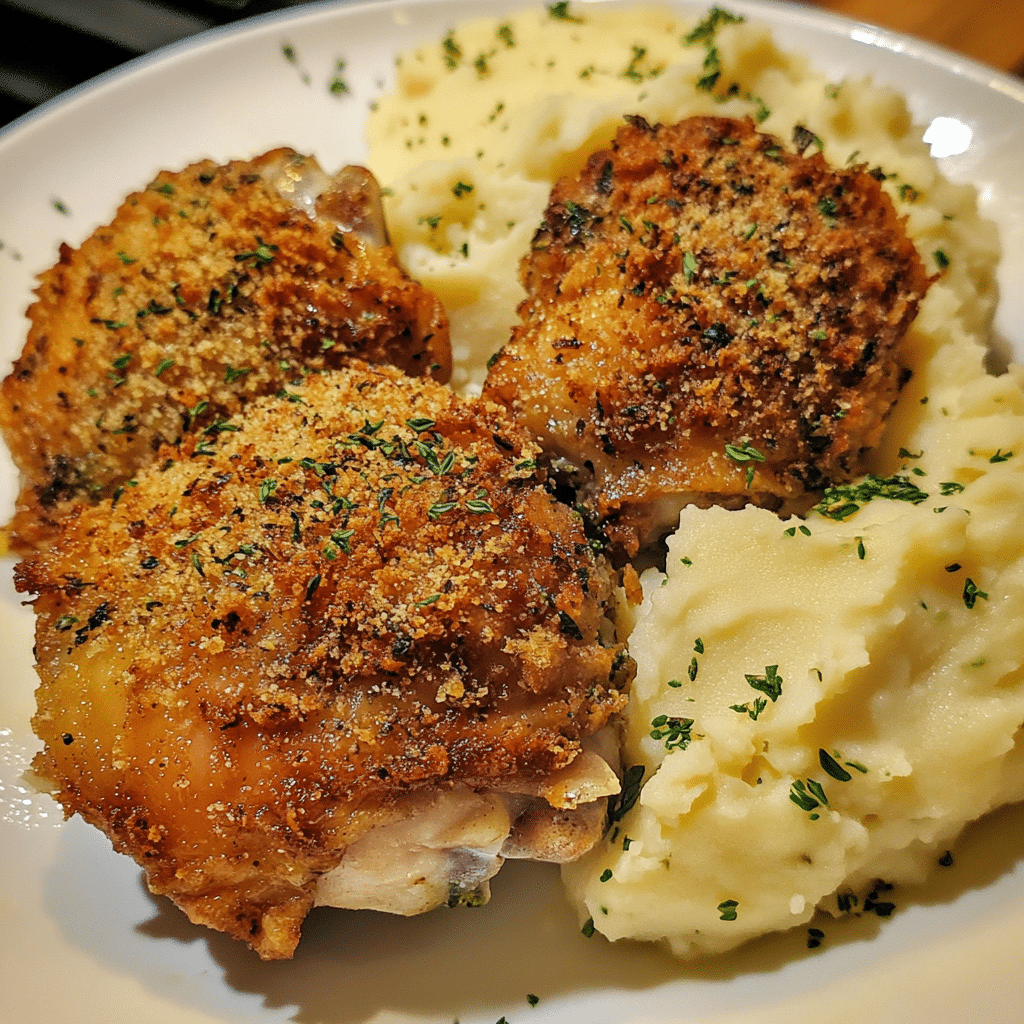 How to make Savory Herb Crusted Chicken Thighs with Garlic Mashed Potatoes — key cooking step