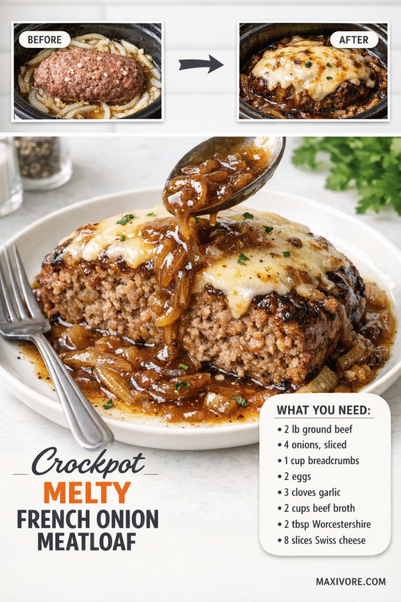 Crockpot French Onion Meatloaf with Melted Swiss Cheese Recipe