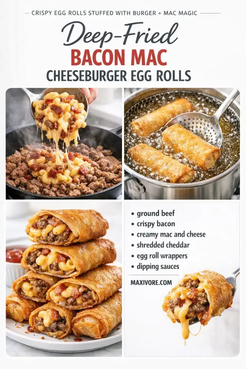 Deep-Fried Bacon Mac Cheeseburger Stuffed Egg Rolls 4 Deep-fried Bacon Mac Cheeseburger Stuffed Egg Rolls
