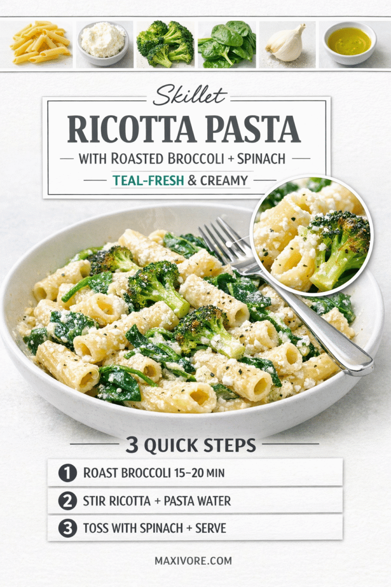Skillet Ricotta Pasta with Roasted Broccoli and Spinach Recipe