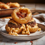 How to make Cheesy Bacon Mac Burger Stuffed Onion Rings — key cooking step