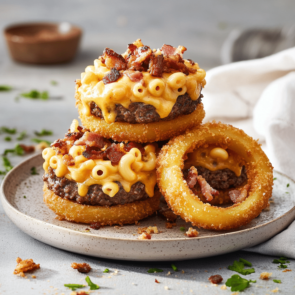Cheesy Bacon Mac Burger Stuffed Onion Rings — restaurant-quality recipe photo