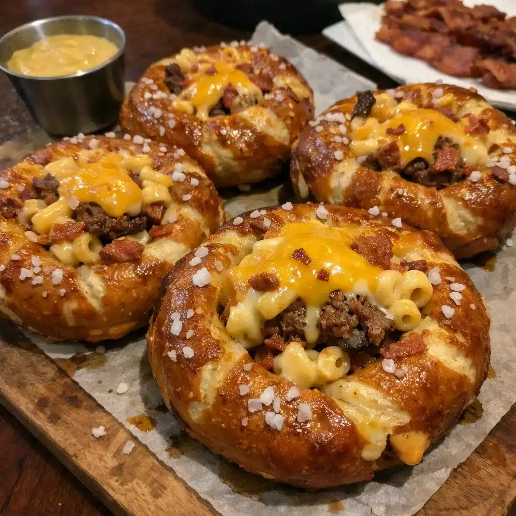 Cheesy Bacon Mac Burger Stuffed Pretzel Rings 3 Cheesy Bacon Mac Burger Stuffed Pretzel Rings — restaurant-quality recipe photo