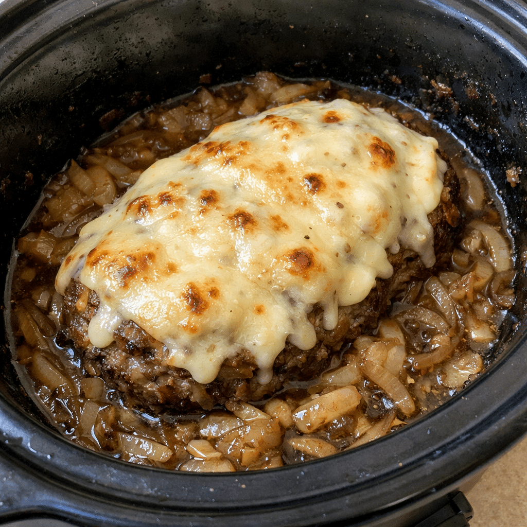 Crockpot French Onion Meatloaf with Melted Swiss Cheese Recipe — restaurant-quality recipe photo