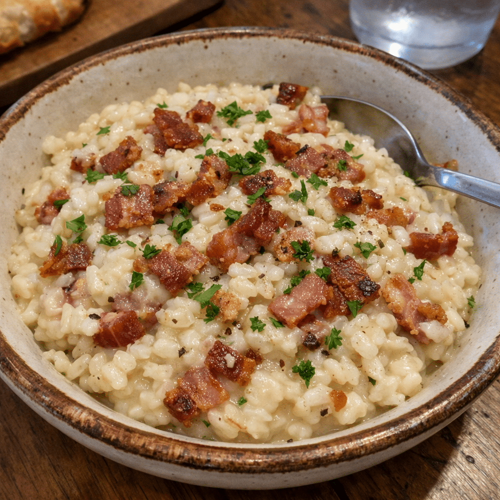 Creamy Garlic Parmesan Bacon Risotto — restaurant-quality recipe photo