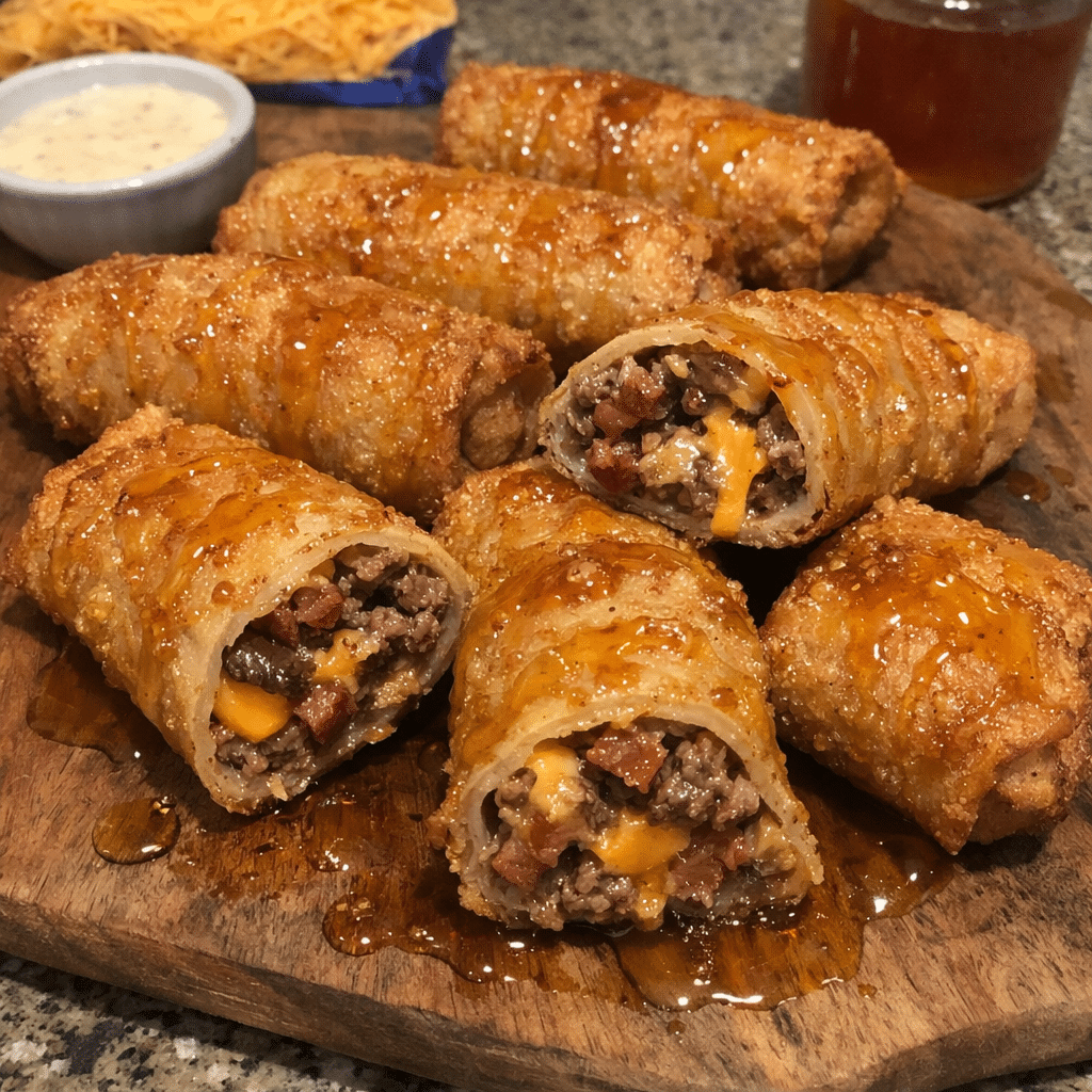 Hot Honey Bacon Cheeseburger Stuffed Egg Rolls — restaurant-quality recipe photo