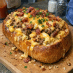 How to make Loaded Bacon Mac Cheeseburger Stuffed Bread Loaf — key cooking step